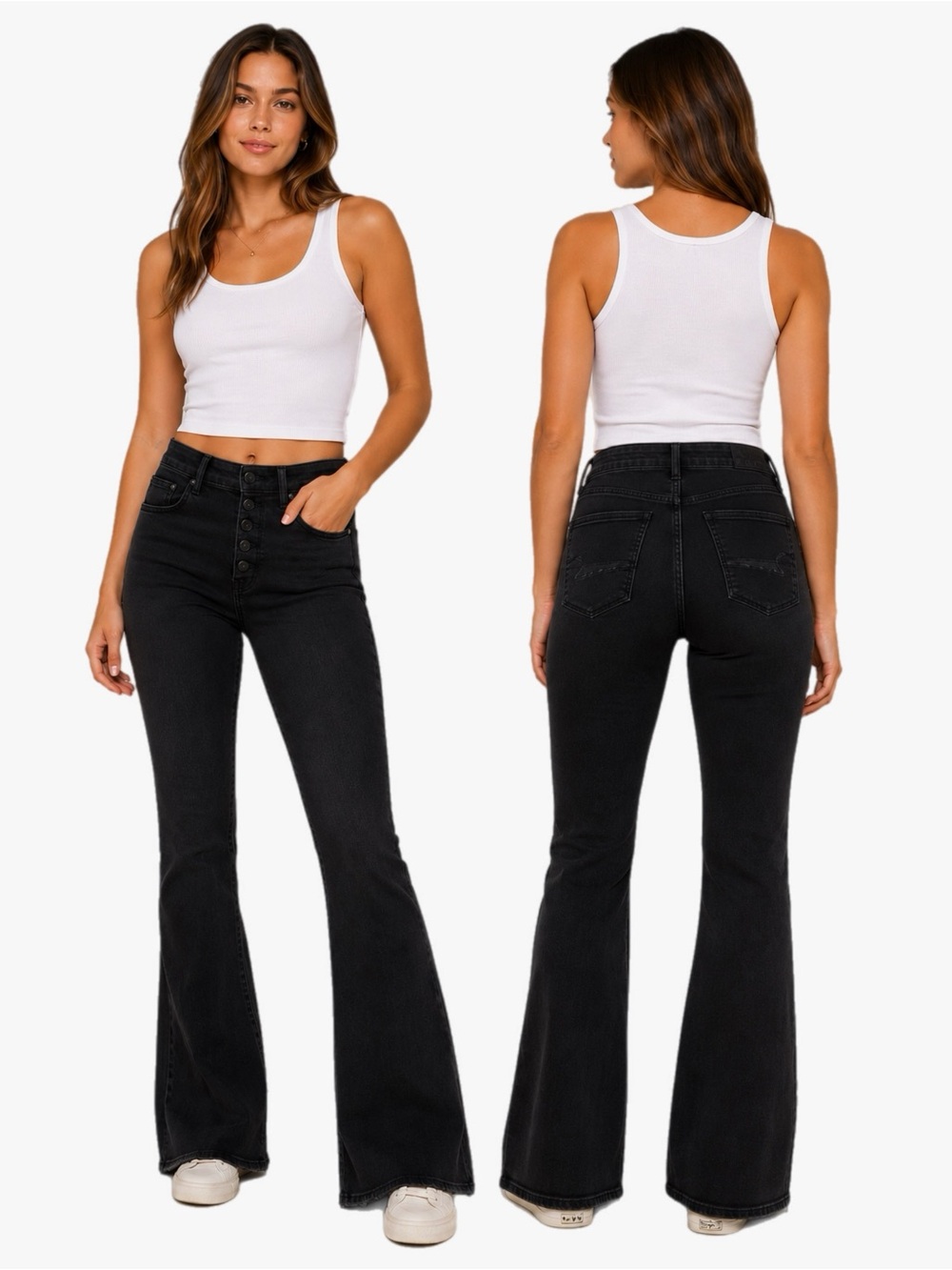 American Eagle Highest Rise Button Fly Flare Jeans Size 8 Black Wash Denim